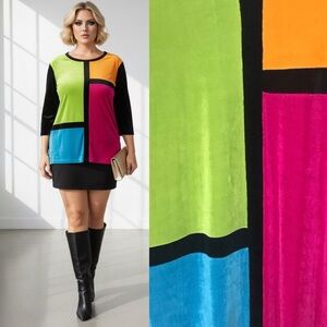 VINTAGE MOD 90’s Y2K Art Deco Geometric Color Blocking Multicolor 3/4 Sleeve Top